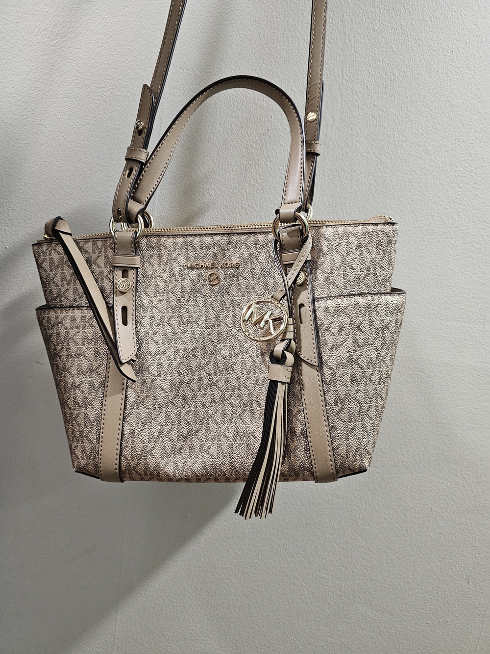 Michael Kors Taupe Logo Shoulder Tote with Tassel Charm